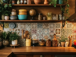 Bohemian style of kitchen with layered patterns, ecletic designs, and plenty of kitchen shelving for personal collectibles.