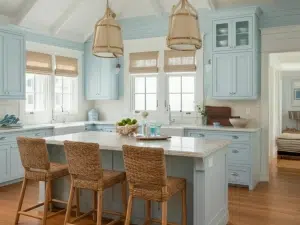 Coastal kitchen with natural lighting, pale blue and sandy tones, and wood accents.