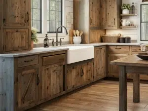 Connecticut farm house kitchen style includes reclaimed wood cabinets, rustic light fixtures, and shiplap walls.