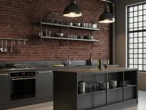  Minimalist Scandinavian kitchen design combines form with function. Industrial style culinary space with metal countertops, polished concrete finishes, and exposed brick walls.