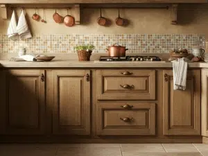 Mediterranean style design with earthy tones, mosiac backsplash, and warm toned wood cabinets. 