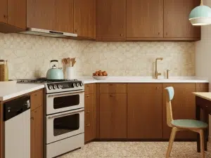 Mid-Century Modern design that blend retro styles with simplicity. Vintage appliances and flat-panel cabinetry.