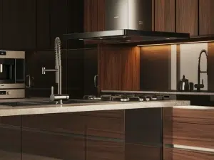 Modern kitchen design in CT with high-end appliances, exotic wood finishes, and streamlined spaces for simplicity.
