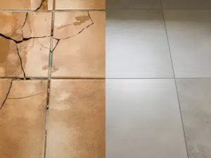 Before and after results of replacing cracked tile during a bath renovation project in CT. Bathroom tile flooring replacement.