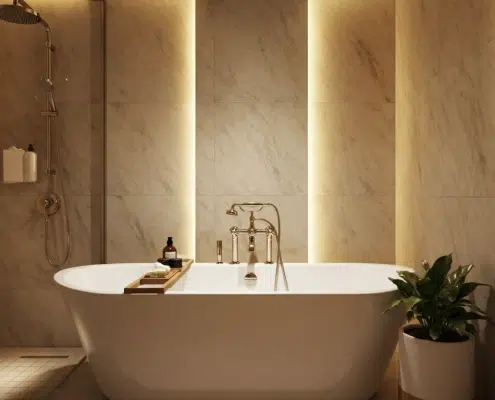 This updated CT bathroom design features a free-standing soaking tub, wall panel lighting, and a rainfall shower head. Bathroom makeover by Kitchen Traditions.