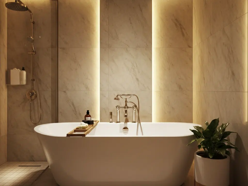 This updated CT bathroom design features a free-standing soaking tub, wall panel lighting, and a rainfall shower head. Bathroom makeover by Kitchen Traditions.