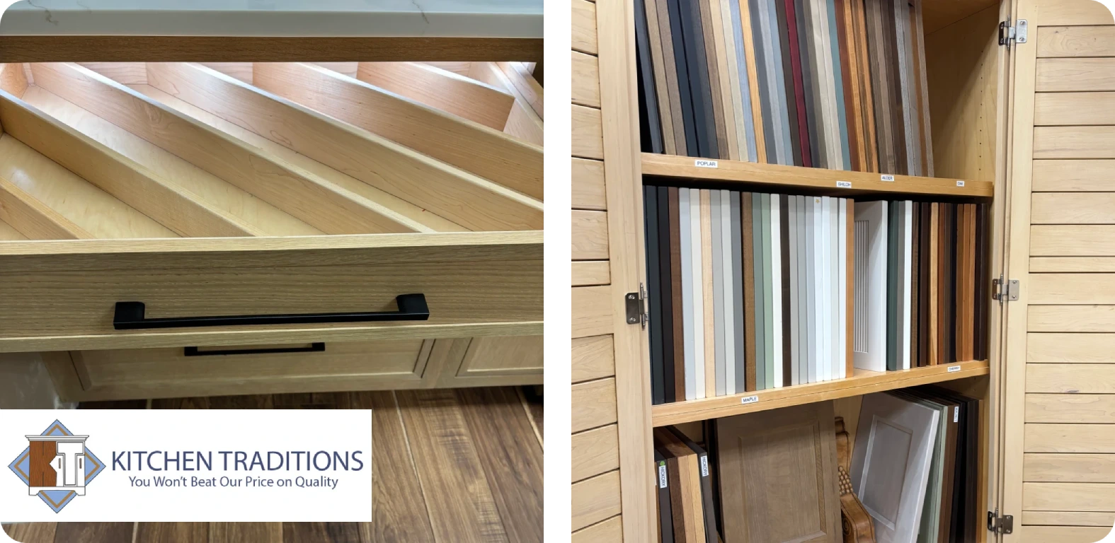 At Kitchen Traditions kitchen and bath showroom, homeowners can view cabinet and drawer design options including cabinet hardware, color options, material selections, drawer inserts, and more. Contact Kitchen Traditions today. You won't beat our price on quality.