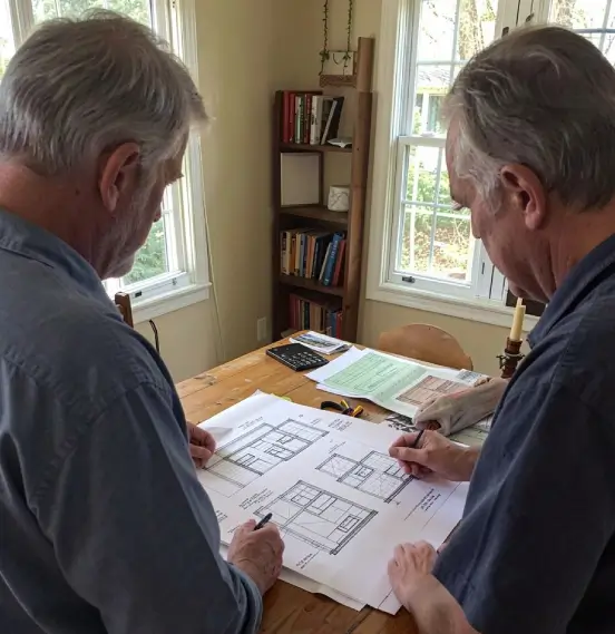 kitchen-traditions-principals-design-plans Renovation company owner and his lead kitchen designer reviewing kitchen remodel design plans for a Connecticut home.