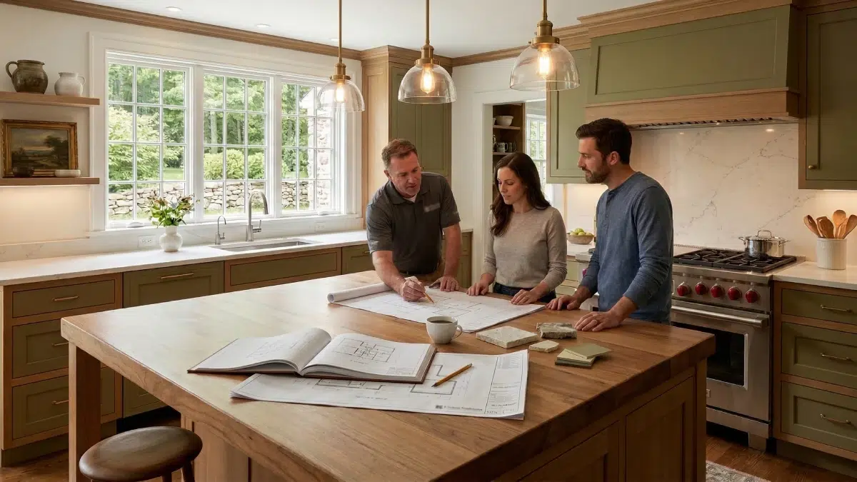 plan-kitchen-remodel A kitchen remodeling contractor in Fairfield County, CT reviews blueprints and samples with homeowners while discussing how to plan a kitchen remodel in a dated, traditional-style kitchen.