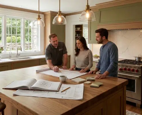 A kitchen remodeling contractor in Fairfield County, CT reviews blueprints and samples with homeowners while discussing how to plan a kitchen remodel in a dated, traditional-style kitchen.