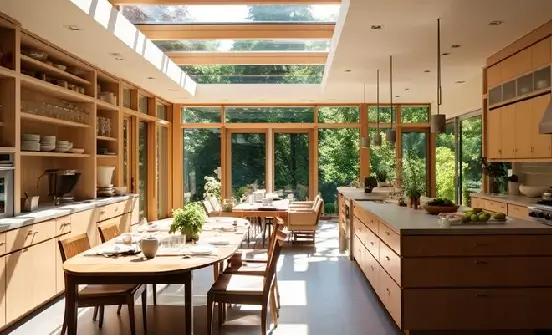 natural-modern-kitchen-wood-design-2026 Stylish modern kitchen with natural wood cabinetry and indoor nature theme.