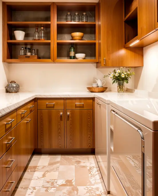 natural-wood-kitchen-cabinets-warm-interior Warm kitchen interior featuring natural wood cabinetry and soft lighting with stone countertops in a Connecticut home.