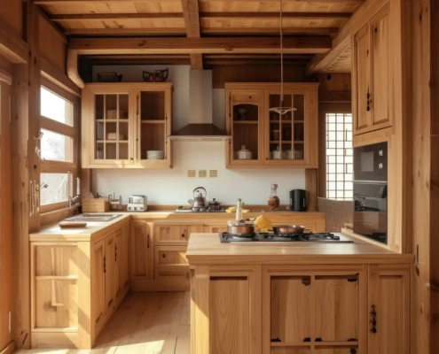 Example of modern wood-grain kitchen cabinets represent this year's kitchen design trend away from the standard white cabinetry.