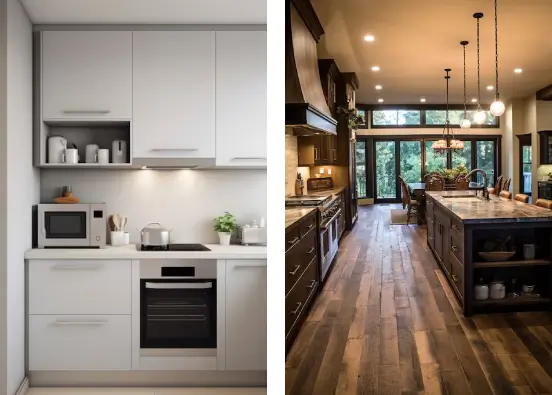 wood-vs-white-kitchen-cabinets-comparison Side-by-side comparison of wood cabinets versus white kitchen cabinets demonstrate the shift in trending designs for kitchens.