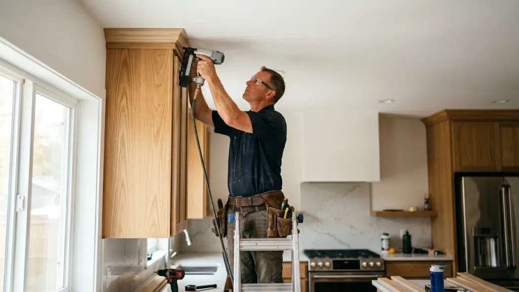 Professional Kitchen Traditions carpenter installing custom wood trim on modern rift-sawn white oak cabinets during a local kitchen remodel in Fairfield County.