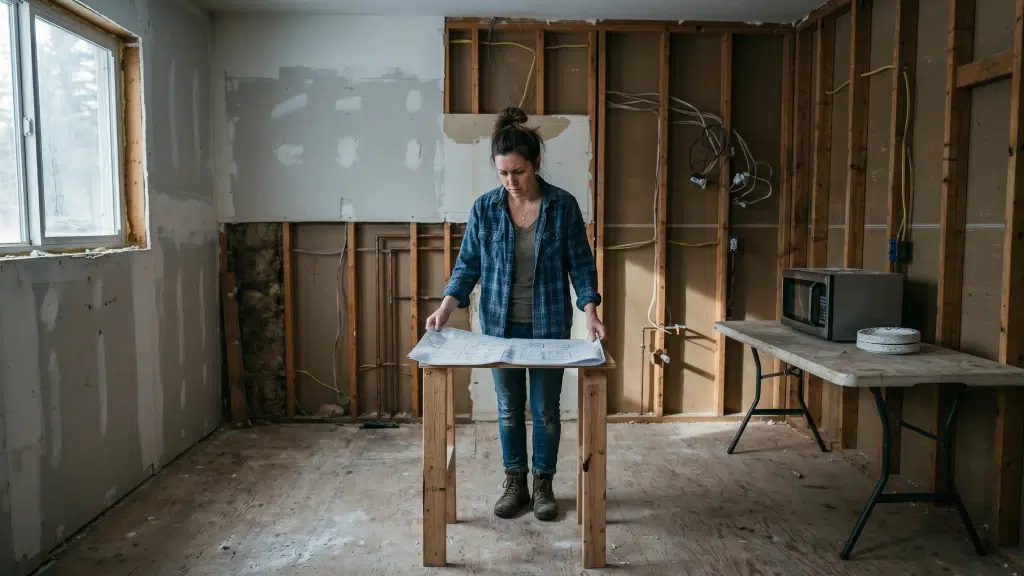 Stressed homeowner reviewing blueprints in an empty, gutted kitchen with exposed wall studs and a temporary microwave table, representing local families left with an unfinished kitchen remodel due to the sudden Wren Kitchens bankruptcy.