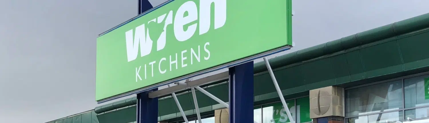Exterior of a Wren Kitchens storefront following the kitchen cabinet company’s sudden United States Chapter 7 bankruptcy filing and store closures.