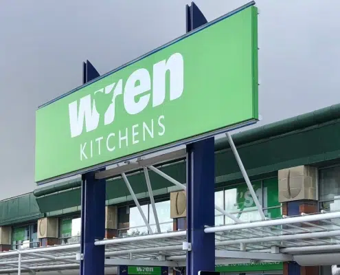 Exterior of a Wren Kitchens storefront following the kitchen cabinet company's sudden United States Chapter 7 bankruptcy filing and store closures.