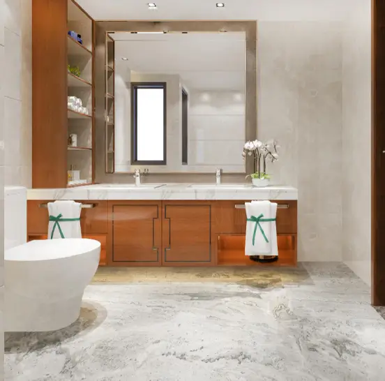 kitchen-bathroom-design Bathroom design with a warm wood double vanity, white marble-look counter, wood-framed mirror and open shelves that could echo a kitchen’s cabinetry.