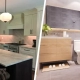 Idea to remodel kitchen and bathroom together includes white shaker kitchen with a veined stone island, next to a gray tile bath with glass shower.