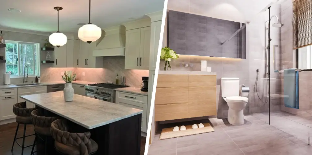 kitchen-bathroom-remodel Idea to remodel kitchen and bathroom together includes white shaker kitchen with a veined stone island, next to a gray tile bath with glass shower.